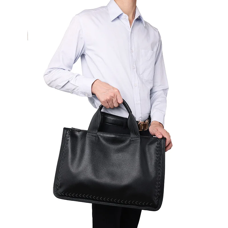 Bolsos de cuero genuino 100% para hombre, bolsos de hombro de negocios, bolsos de ordenador, maletines de piel de oveja, bolsos de mensajero tejidos de cuero