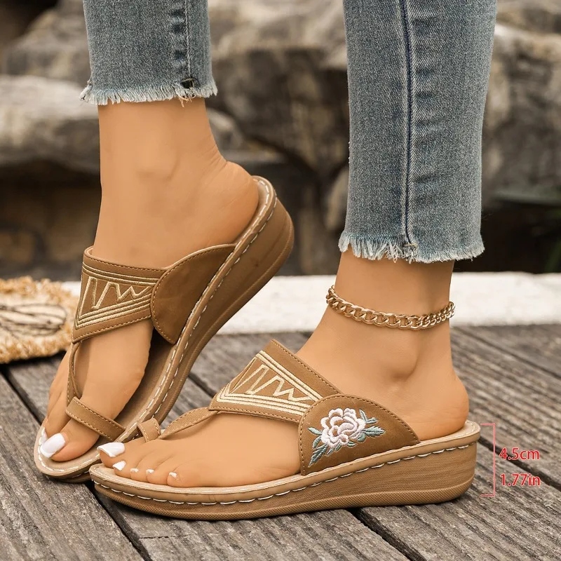 Slippers Women Summer Outer Wear Toe Slip Simple Rust Flower Lightweight Platform Sandals