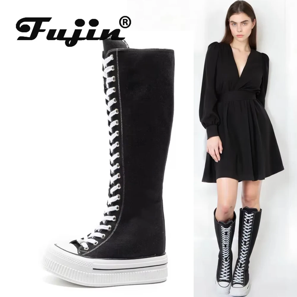 Fujin 13cm Street Style Denim Mid Calf Knee High Boots Women Boots Casual Spring Autumn Female Platform Wedge Breathable Shoes