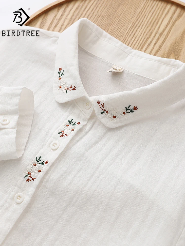 New Spring Women Double-layer Cotton Shirts Full Sleeve Embroidery Flower Round Collar Loose Casual Soft Blouse Office T33010X