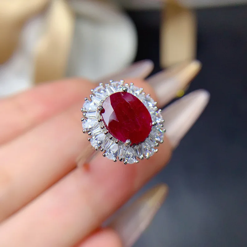

S925 Sterling Silver Natural Heated Ruby Ring - 8*10mm Adjustable Size Gemstone Jewelry
