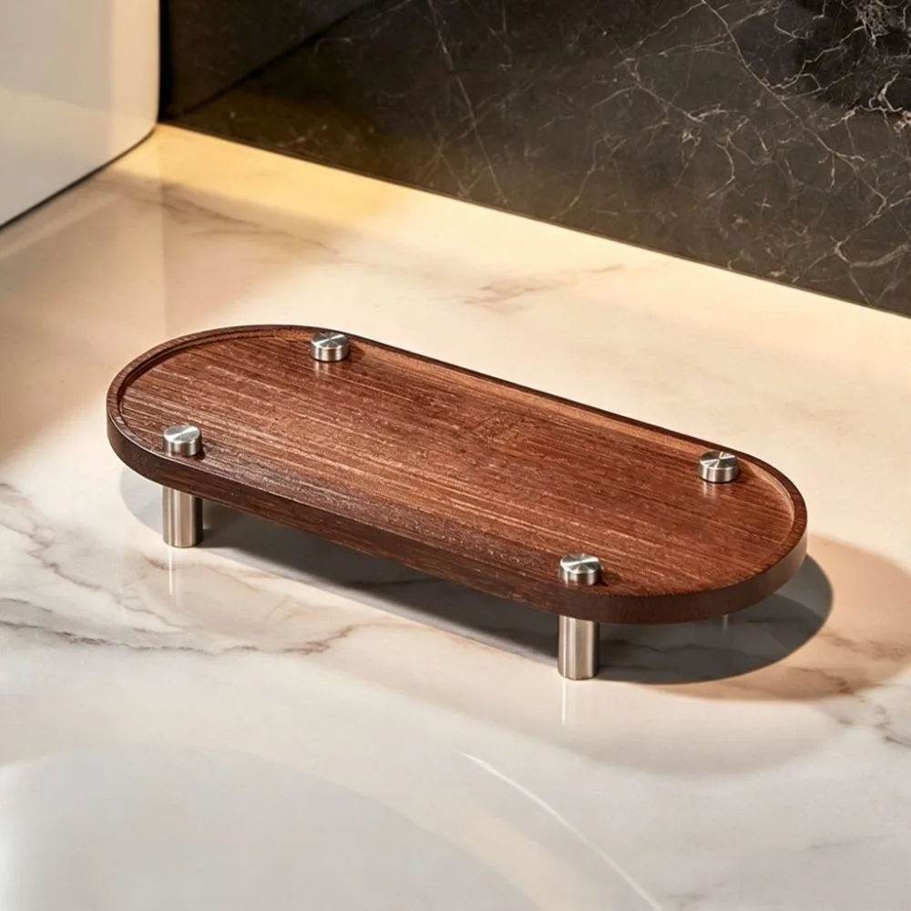 Rustic Charm Vintage Wood Storage Tray Metal Foot Durable Jewelry Organizer Tray Decorative Oval Storage Rack Bathroom