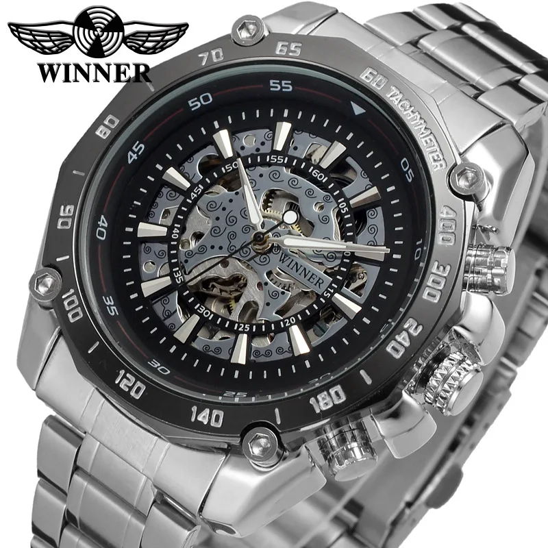 Free Shipping OUTLETSWinner WINNER Men's Fashion Casual Steel Strip Hollow Automatic Mechanical Watch