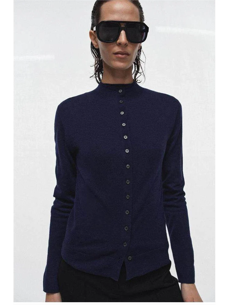 Slim Fit High Collar Long Sleeve Ultra Fine Knitted Jacket Button Closure Versatile Style Soft Touch Casual Simple Design Wom...