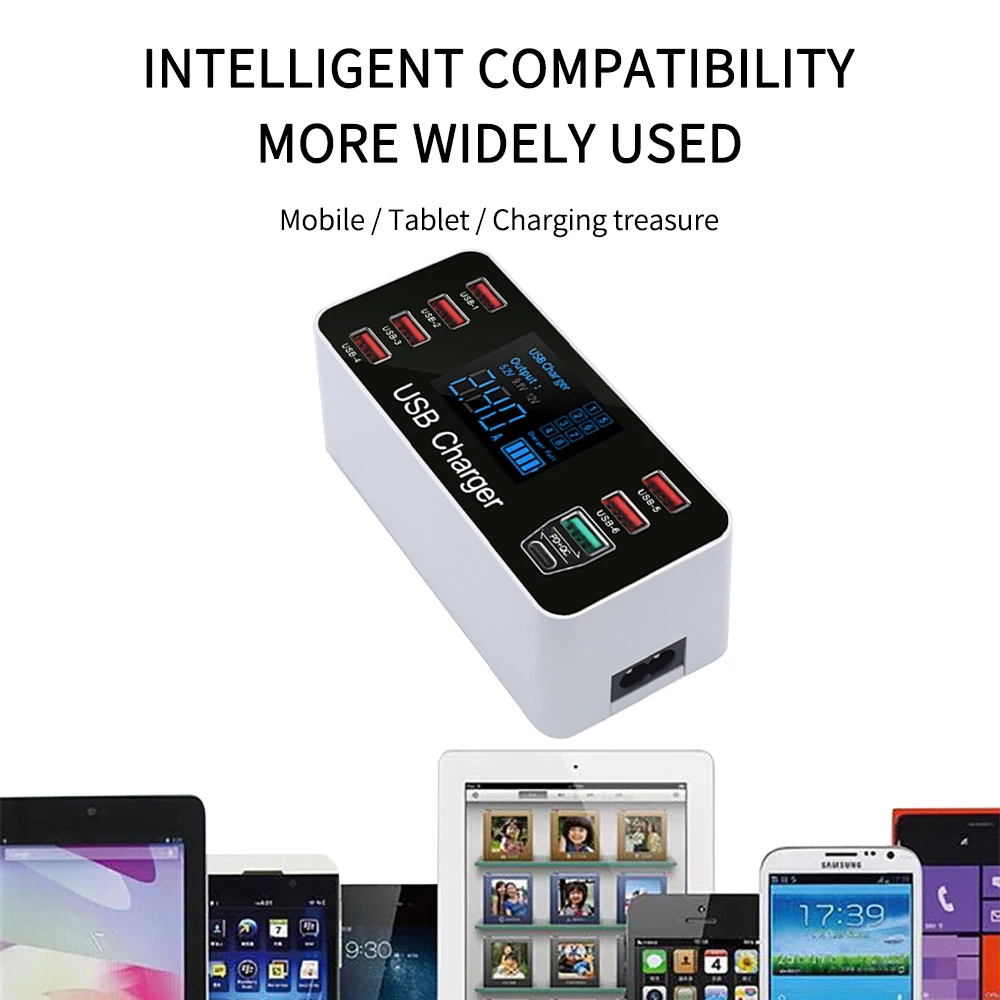 USB Charger Station Quick Charger 3.0 Smart LED Digital display 40W 8-port Multi USB Type C PD Charger Fast Charging Station HUB