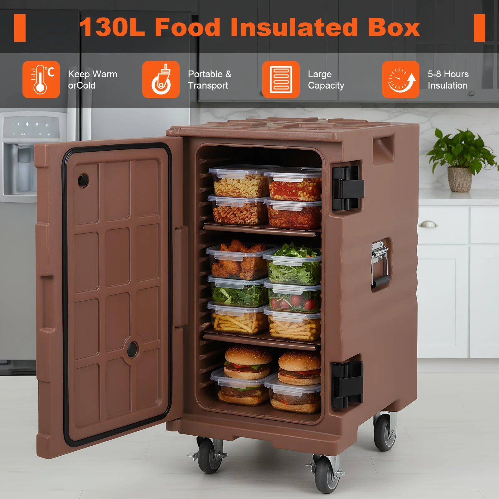 

118QT Front Loading Insulated Food Pan Carrier Front Loading Food Warmer with Wheels W/Handles for Restaurant Canteen
