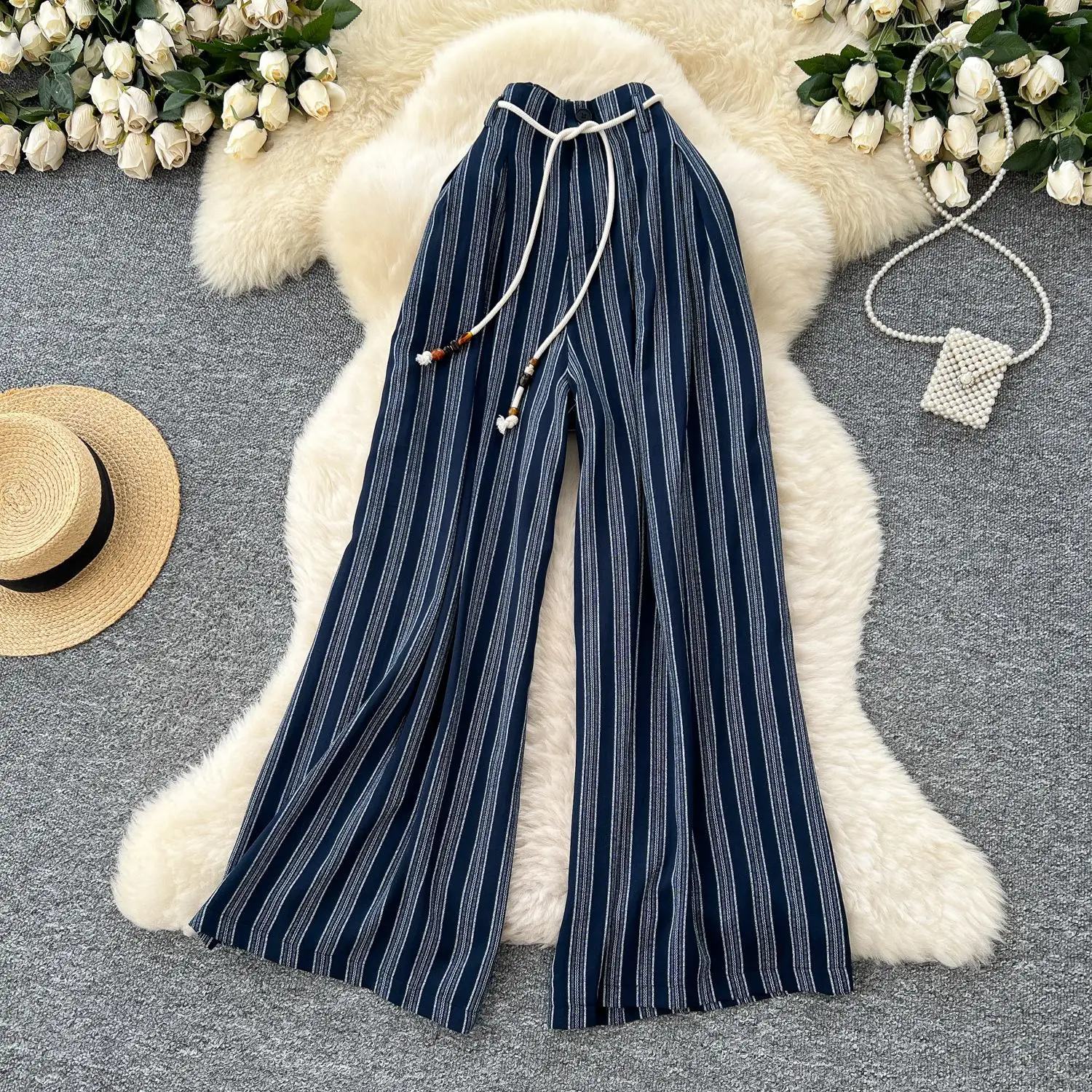 

Pant Women Wide Leg Long Pants Striped Casual Loose High Waist Straight Trousers Y2k Streetwear Elegant Splice Work 2025 Capris