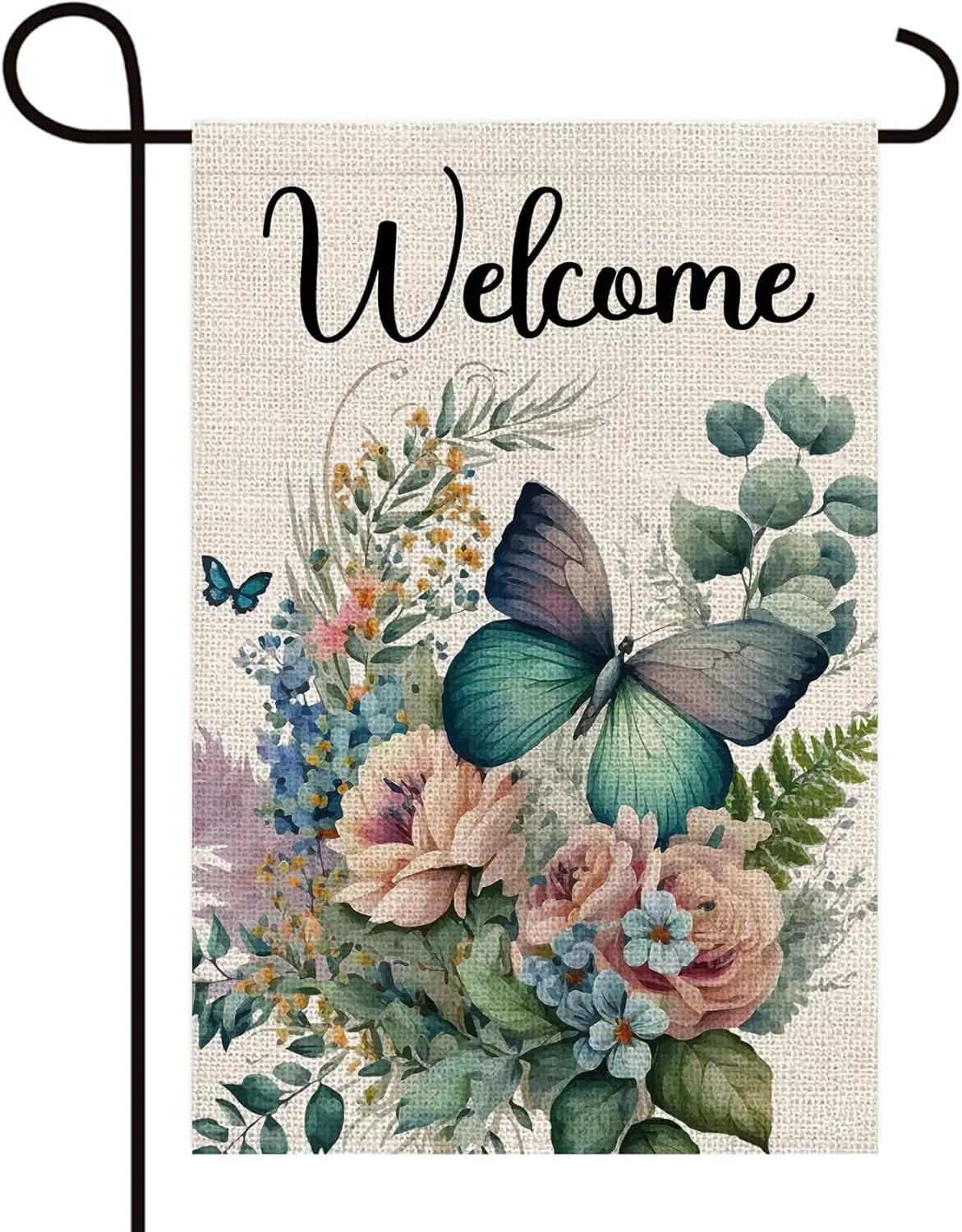 Texupday Welcome Watercolor Floral Butterfly Double Sided Vertical Burlap Garden Flag Spring Summer Rustic Farmhouse Holiday PPZ