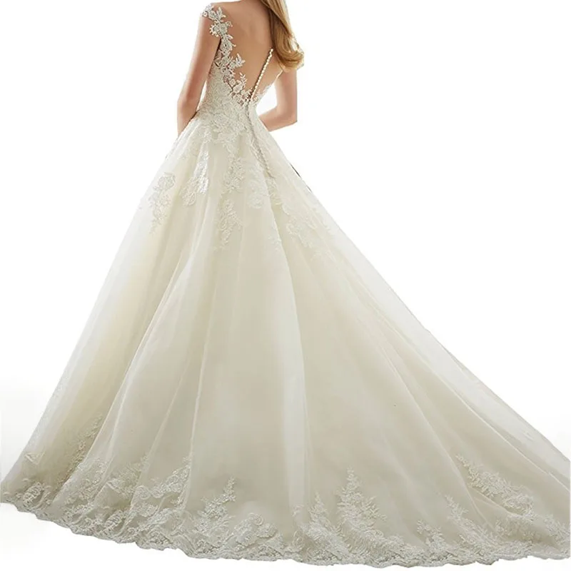 Vestidos de casamento de renda sexy trem longo bordado simples noiva até o chão vestido de princesa applique aberto voltar vestidos de casamento