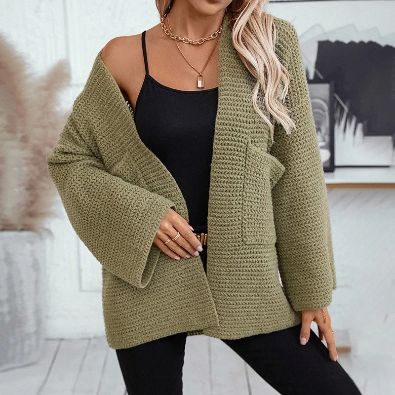 Long Sleeve Pocket Sweater Midi Length American and European Style with Heat Set Finish Single V Neck Cardigan for Women