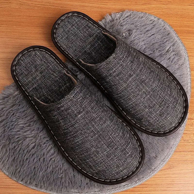 Closed Toe Fabric Flat Slippers Unisex Couples Big Size Men's Canvas Slides IndoorHome Fuzzy Shoes Dad Bedroom Floor Slipper