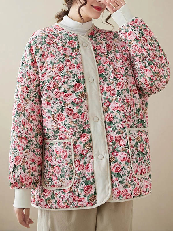 2026 New Vintage Style Lightweight Loose Large Size Cotton Jacket Women's Floral Gourd Pattern Print Casual Outerwear Coat