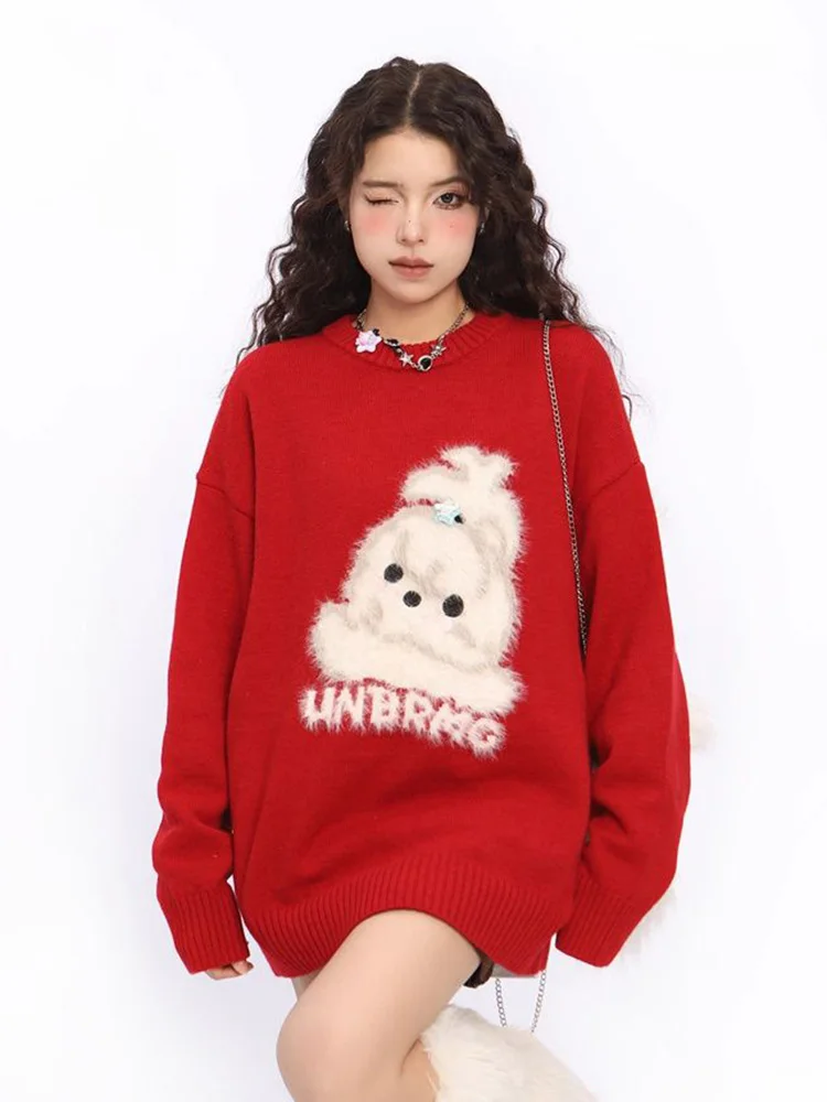 Cute Cartoon Christmas Red Sweater Women Sweet Lazy Wind Kawaii Knitted Jumper Fall Female O Neck Japan Preppy Style Pullover