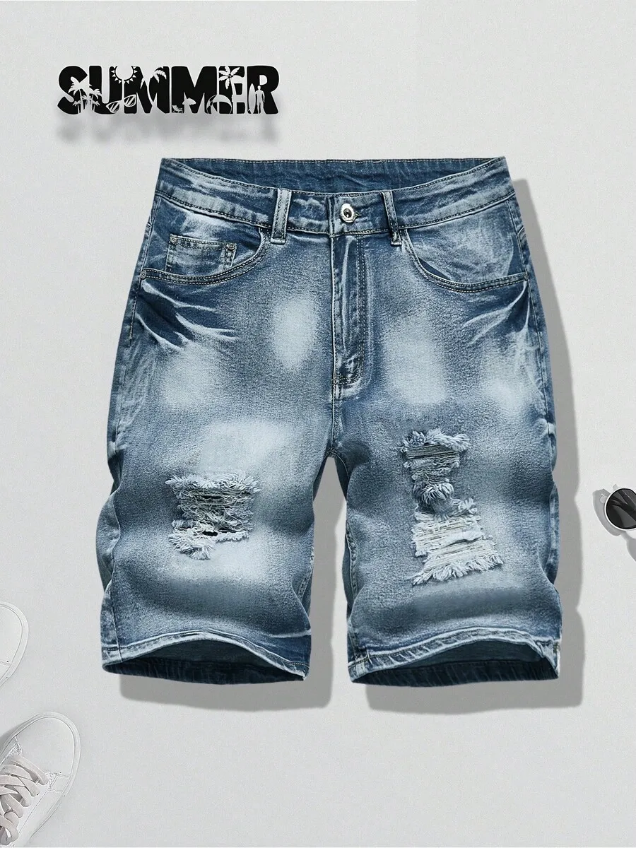 Mens Ripped Distressed Denim Shorts Stretch Slim Fit Casual Summer Style