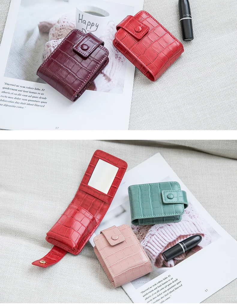 Tragbare Mini-Lippenstift-Tasche mit Spiegel, minimalistische kleine Kosmetiktasche mit Knopf, Damen-Make-up-Aufbewahrungskoffer mit Krokodilprägung – Detail 24