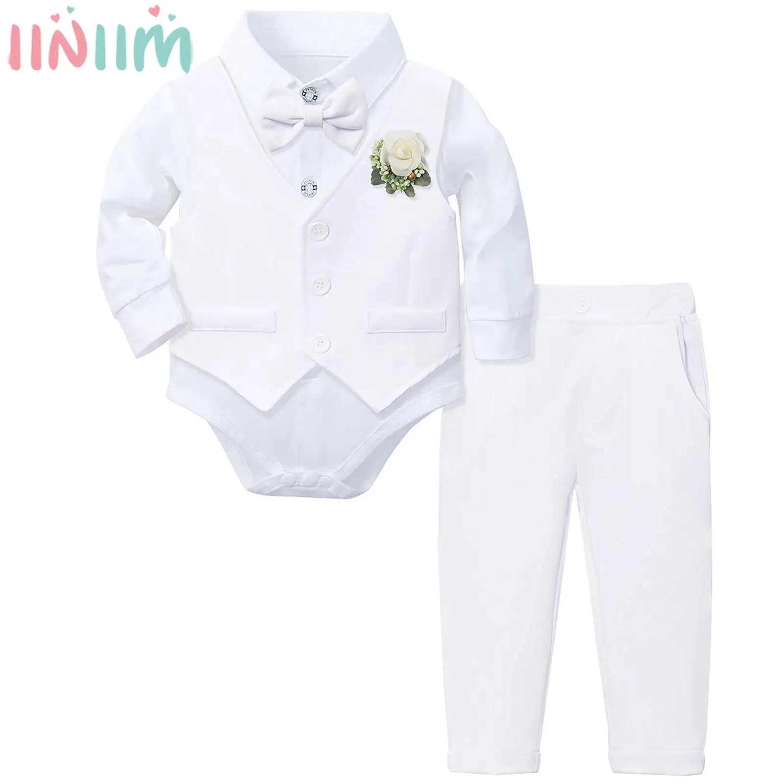 

Baby Boys Formal Gentleman Suit Christening Wedding Photography Birthday outfit Long Sleeve Bowtie Romper with Vest Pants Brooch