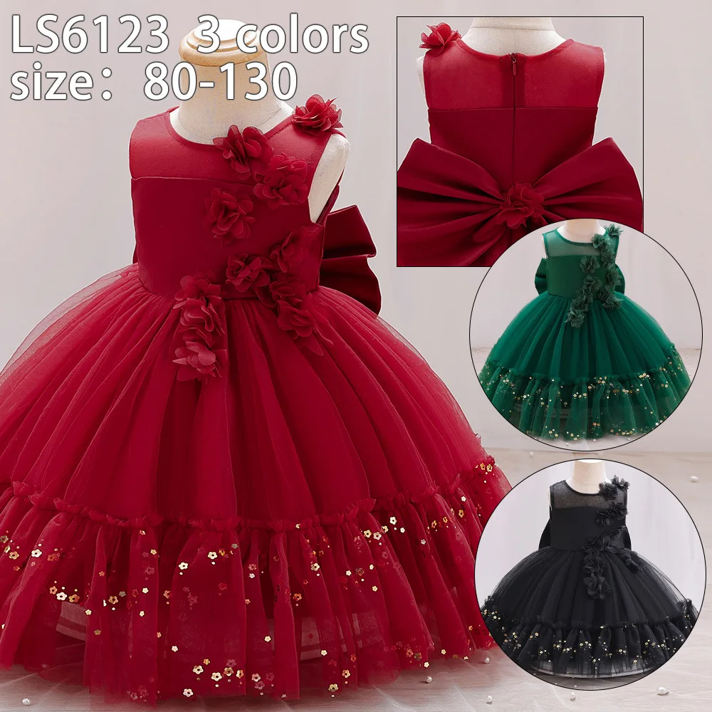 

ELBCOS 1-7Y Girls Crew Neck No-Sleeve Unilateral Rose Back Big Bowknot Skirt sequins Costumes Full Ball Gown Dress