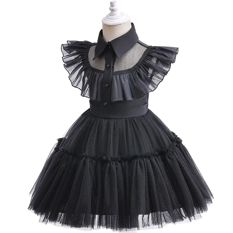 Wednesday Addams Baby Girls Dress Summer Mesh Princess Dress Prom Party Performance Costumes Kids Clothes 1 2 3 4 5 6 Years