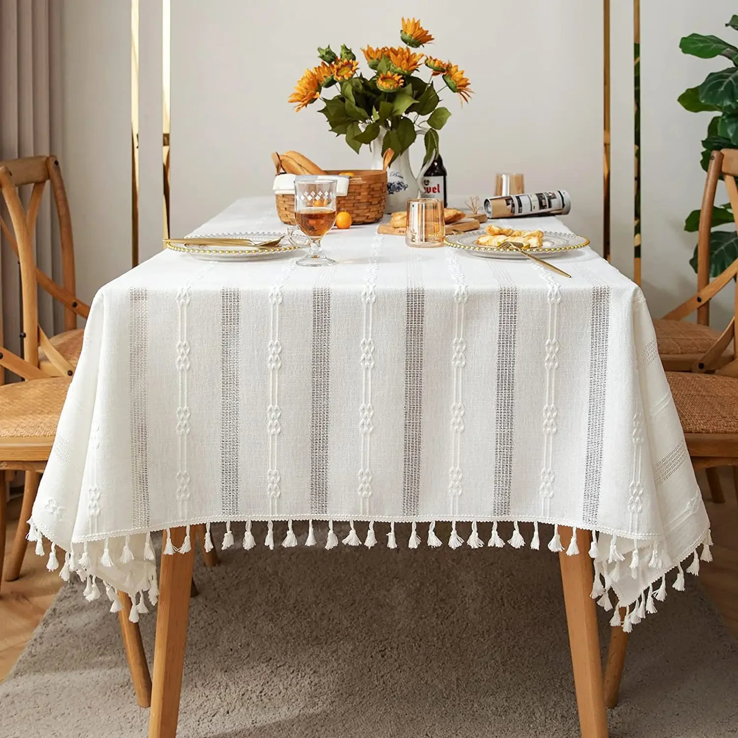 

Cotton Linen Vintage Rustic White Cutout Ornament Table Cloth with Tassel Rectangular TableCloth Tablecloth Cover Towel Decor