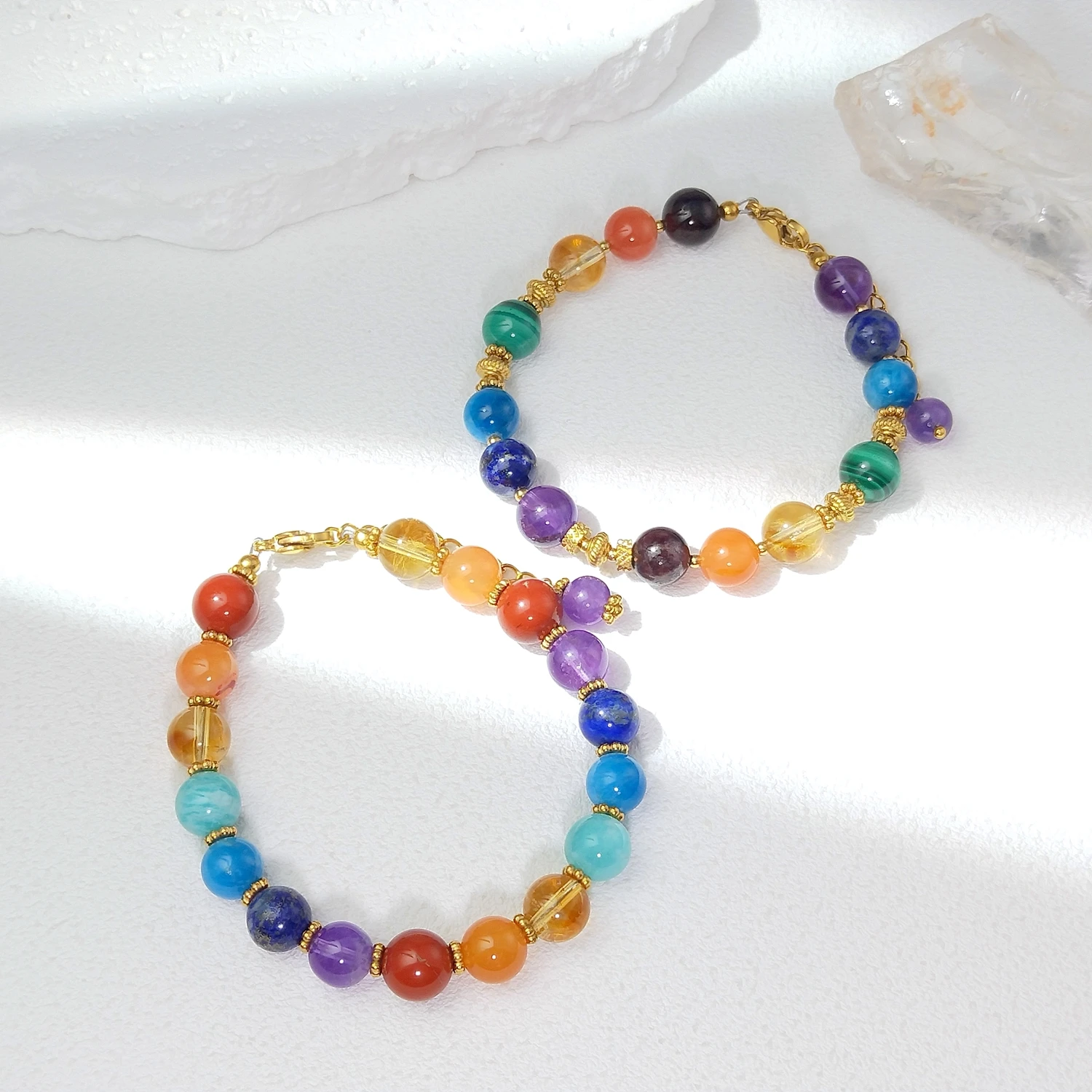 Lii Ji 8mm 7 Chakras Natural Stone Beaded Bracelet  Gold Stainless Steel Handmade Fashion Jewelry view 2