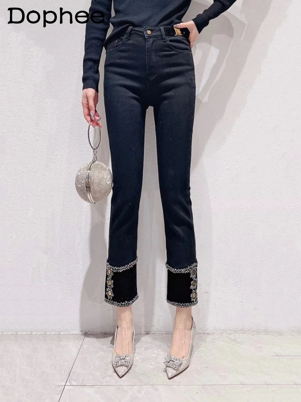 

Black Heavy Industry Beads Jeans for Women 2023 Fall Winter New High Waist Elastic Slim Fit Cropped Straight Pants Female