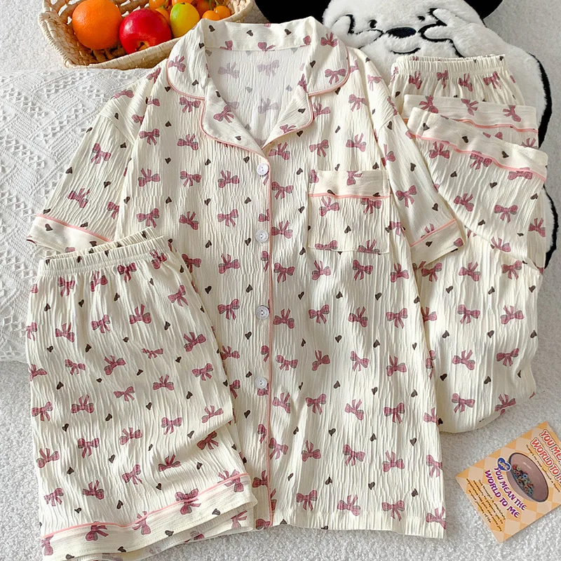 

Новая летняя женская пижама с коротким рукавом из жатой ткани, тонкий комплект из трех предметов для дома с бантом
