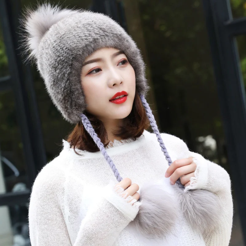 Mink Fur Hat Winter Female Double-sided Encrypted Woven Hat With Fox Fur Ball Real Fur Hat For Women Earmuffs Protective Cap