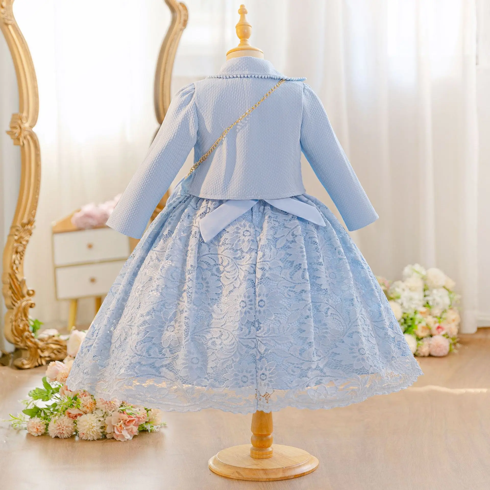 HETISO Long Sleeve 3 Pcs Set Kids Spring Flower Girls Elegant Dresses for Birthday Wedding With Bag Children Formal Ball Gown