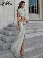 Nibber Irregular Hollow Dress Women Ruched Diagonal Collar Shorts Sleeve Waistless Slits Street Trend Temperament Long Bodycon - Image 2