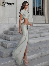 Nibber Irregular Hollow Dress Women Ruched Diagonal Collar Shorts Sleeve Waistless Slits Street Trend Temperament Long Bodycon