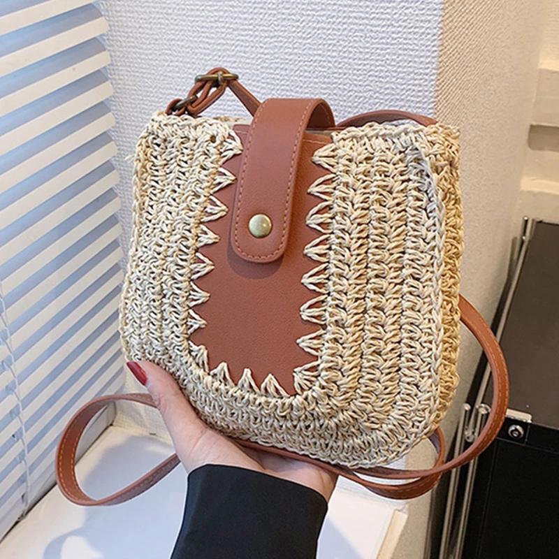 Fashion Design Straw Braided Bag 2023 Summer Popular Leather Stitching Single Women Shoulder Crossbody Bag Woven Daily Handbag