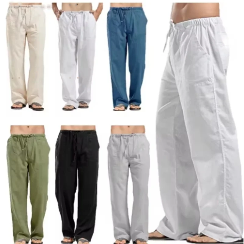 

Men's Hot Selling Solid Color Linen Casual Pants, Loose Straight Tube, Elastic Waist Strap, Breathable and Comfortable