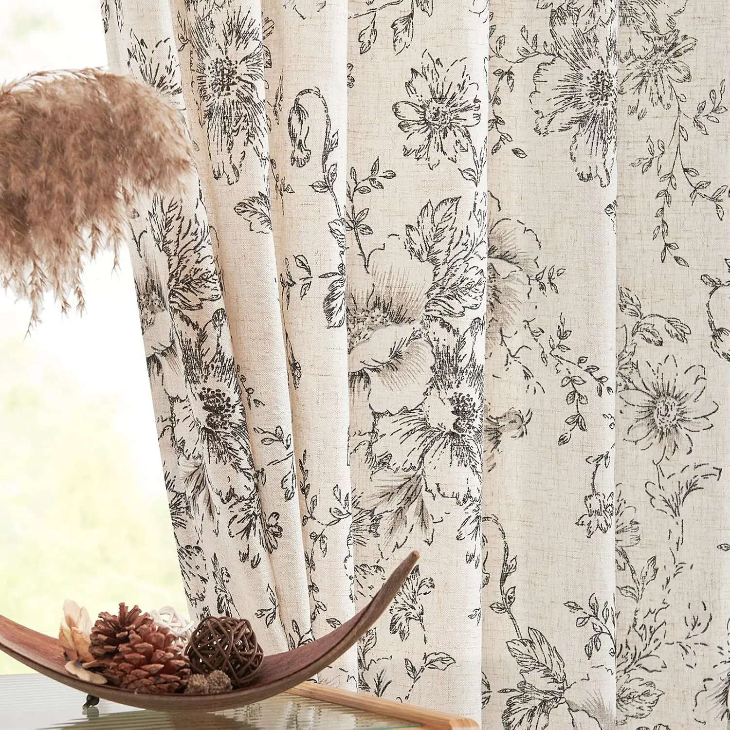 

Linen Blend Curtain Floral Curtains for Living Room 102 Inch Length Black Printed Curtain Rod Pocket Back Tab Farmhouse