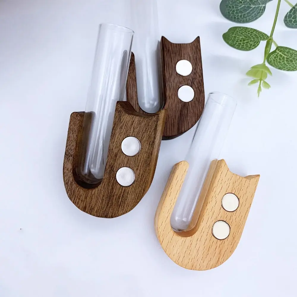 Florero de madera duradero para pelo de gato y mascota, florero de plantas hidropónicas con tubo de vidrio, caja magnética para almacenamiento de pelo de mascota, decoración para nevera