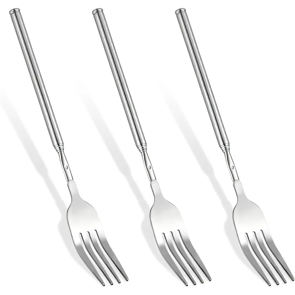 

3 PCS Extendable Forks, Extension from 8.7 to 25.5 Telescoping Fork, Stainless Steel Long Forks for Eating, Adjustable Retractab