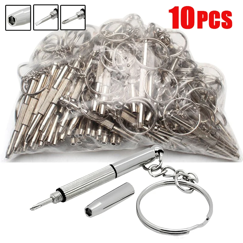 

10pcs Eyeglass Screwdriver 3in1 Sunglass Watch Repair Kit With Keychain Portable Hand Tools Screwdriver Stainless Steel Tools