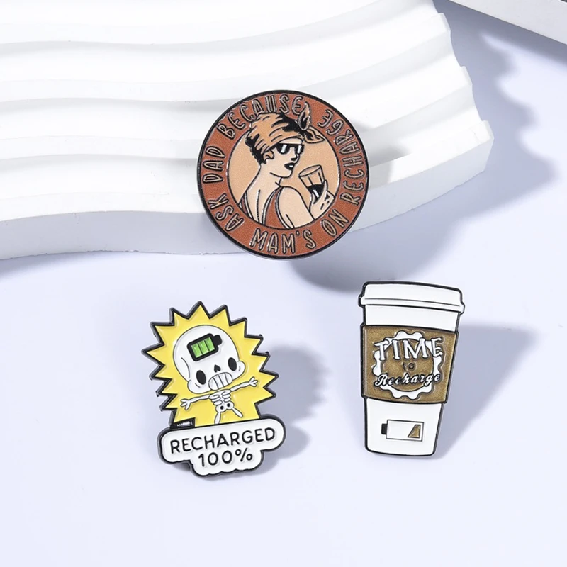 Coffee Recharge Enamel Pin Time To Recharge Skeleton 100% Recharged Brooch Badges Backpack Accessories Gifts for Friends