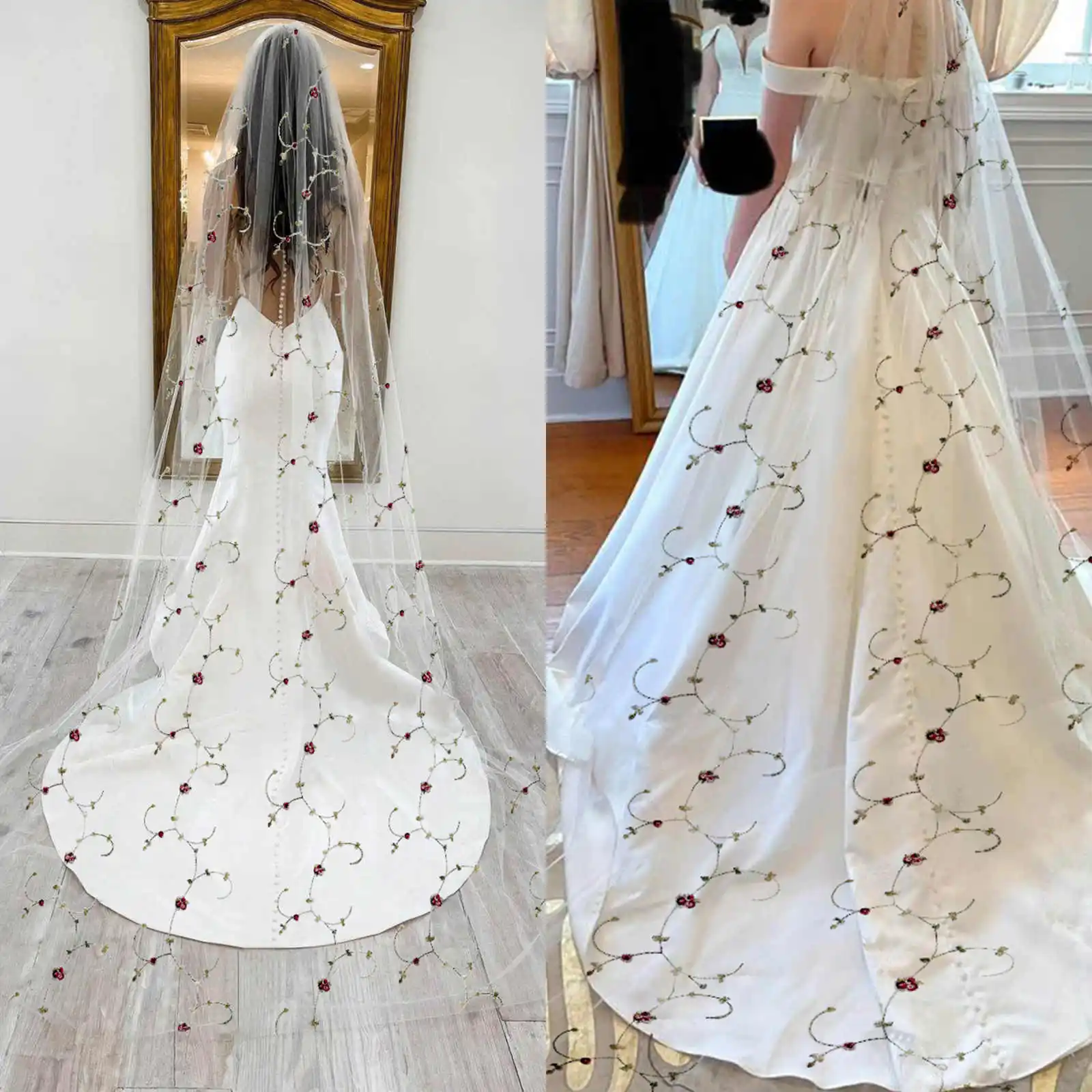

Elegant Wedding Veil Flowers One Layer Long Chapel Length Veils Gorgeous Applique Edge Velo De Cabeza For Bride Voile Customized
