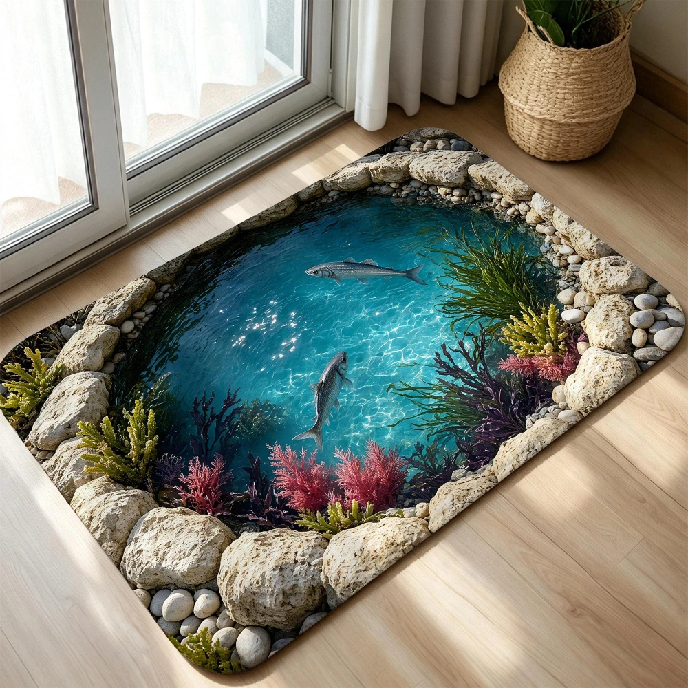 Clear Water Fish Pond Floor Mat Realistic Stone Entryway Welcome Rug Swimming Animal Area Rug Doormat Kitchen Porch Foyer Decor