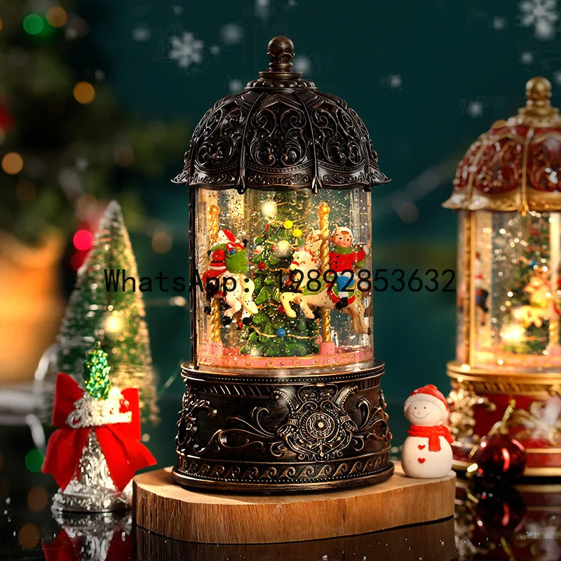 xzs5Decoration Retro Snowy Music Box Scene Arrangement Ornament Carousel Music Box Atmosphere Gift