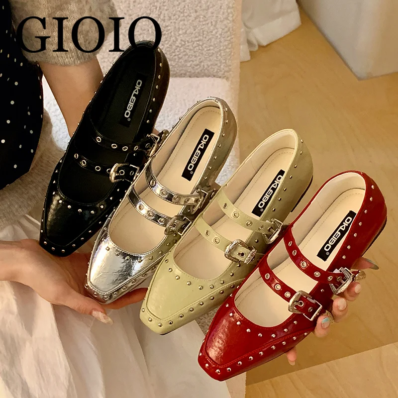 

Винтажные дизайнерские туфли-балетки с заклепками для женщин, в стиле панк, с металлической пряжкой, черные, удобные, мягкие, повседневные туфли Мэри Джейн
