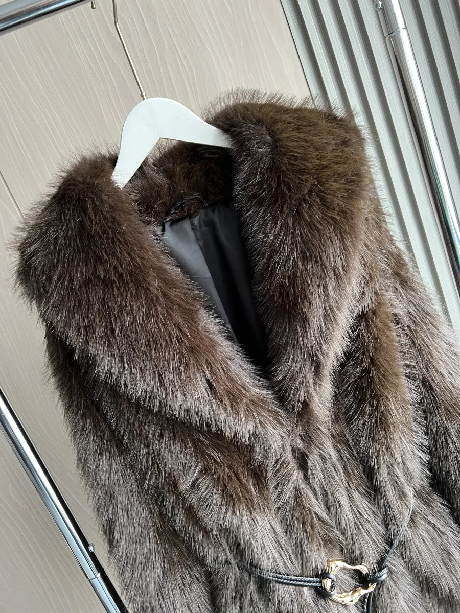 秋冬新作 レディースファッション ラペル ダークブラウン プレミアムベルト フェイクファーコート 女性用 厚手 暖かいコート