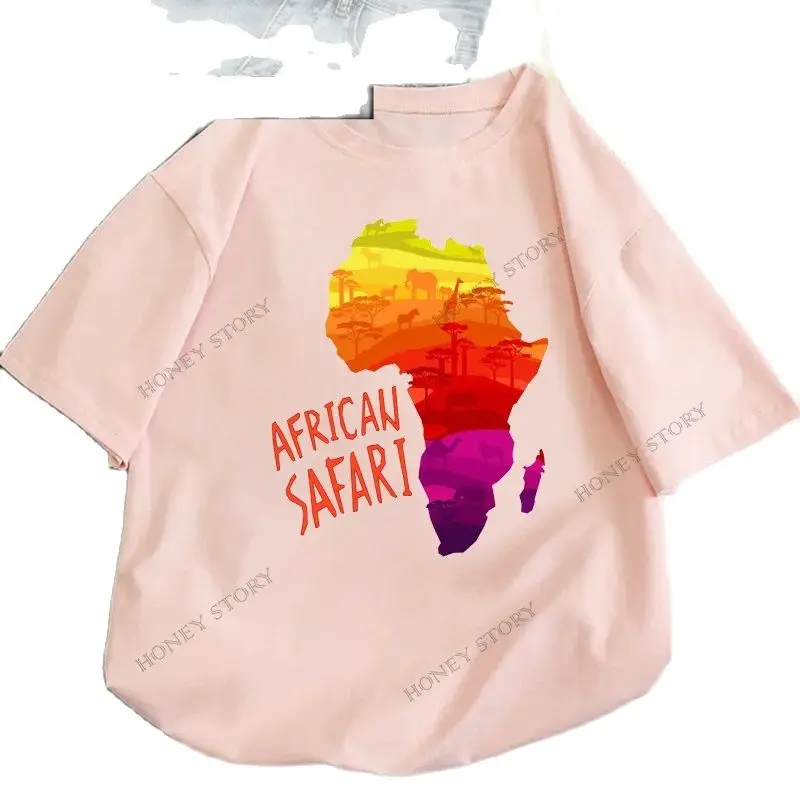 Africa Map Print Men's and Women's Pink Round Neck T-shirt Short Sleeve Summer Trend Street Oversized T Shirt Y2k Tops Harajuku