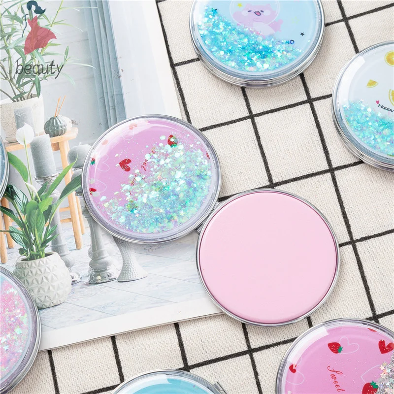 Portable Double-Sided Folding Cosmetic Mirror Female Gifts With Flowing Sparkling Sand Mini Makeup Mirror Compact Pocket Mirrors