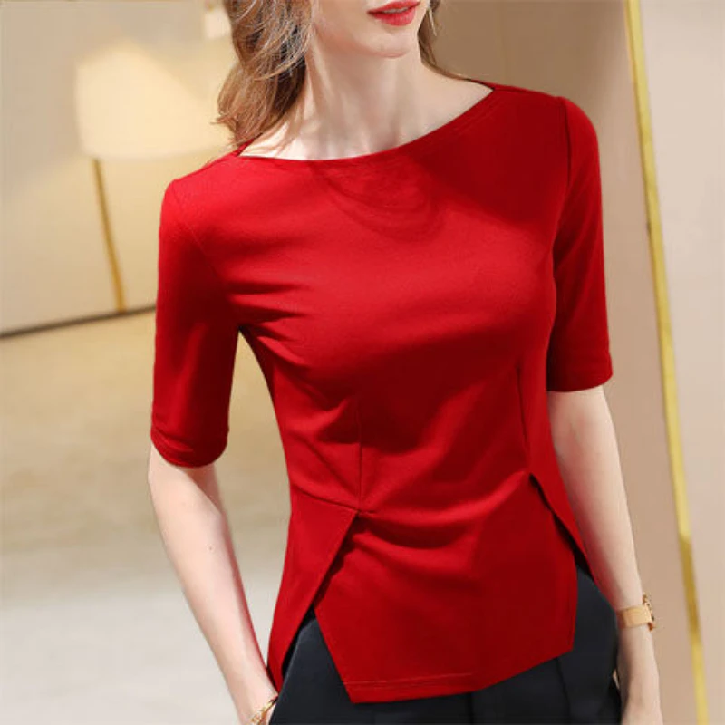 Summer Slim Fit 5/4 Sleeve New Irregular Hem Split Shaw General Unique Off Shoulder Top T-shirt Fashion Leisure Commuting 2023