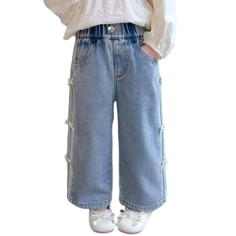 موضة عقدة شعر للفتيات الجينز ربيع الخريف مرونة الخصر الأزرق عادية مستقيم الدينيم السراويل 2025 جديد بنطال أولادي