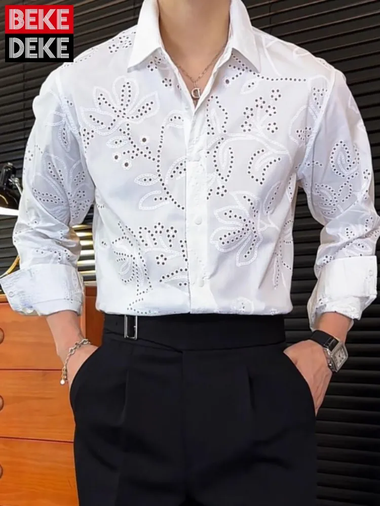Fashion Hollowed Out Floral Breathable Loose Fit Mens Shirt Turndown Collar Casual Daily Tops Youthful Long Sleeved Chic Shirts