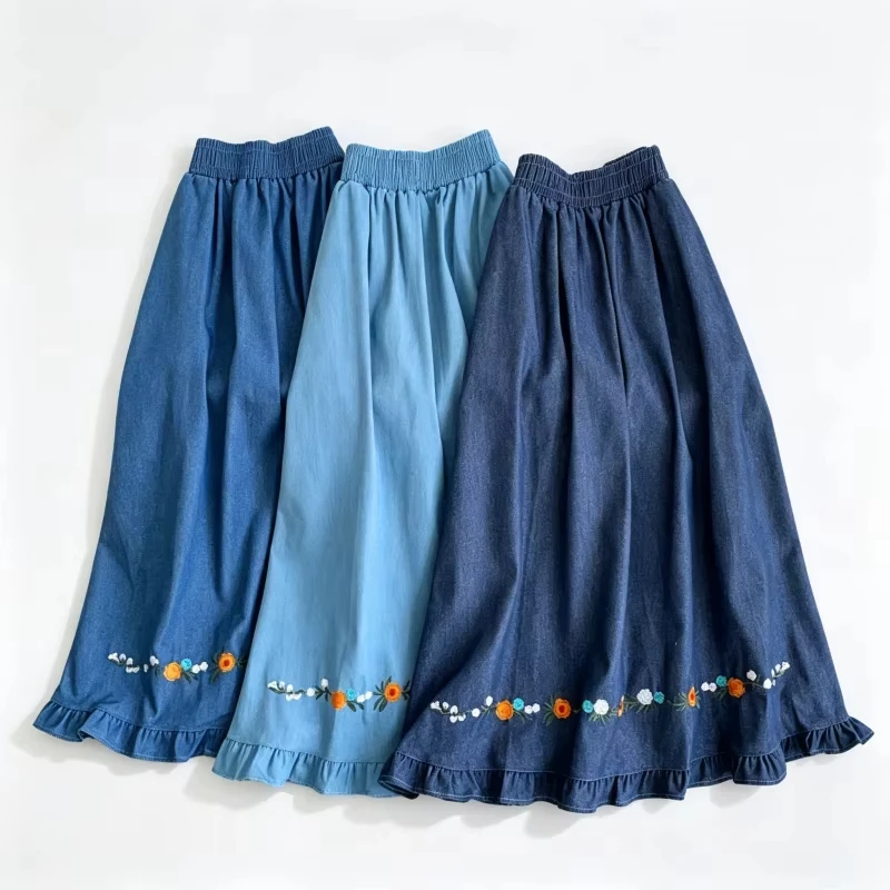 Women Embroidery Denim Midi Skirt Elastic High Waist Ruffle Hem A‑Line Skirt Vintage Floral Embroidered Loose Casual Jean Skirts