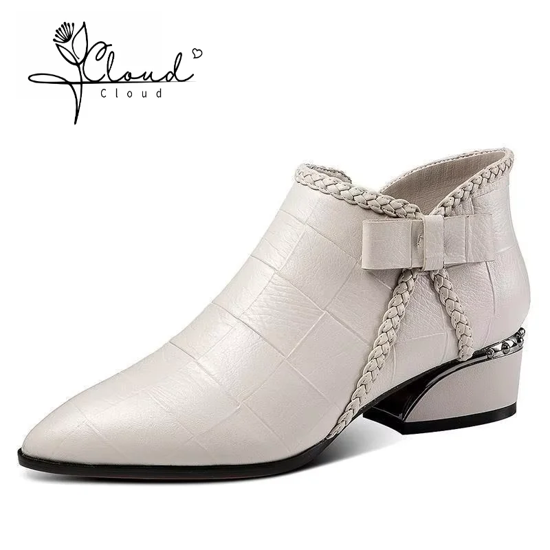 

Spring And Autumn Bow Side Zipper Middle Heel Large Size Short Ankle Snow Boots Women Pointed Face Comfortable Women's Boots