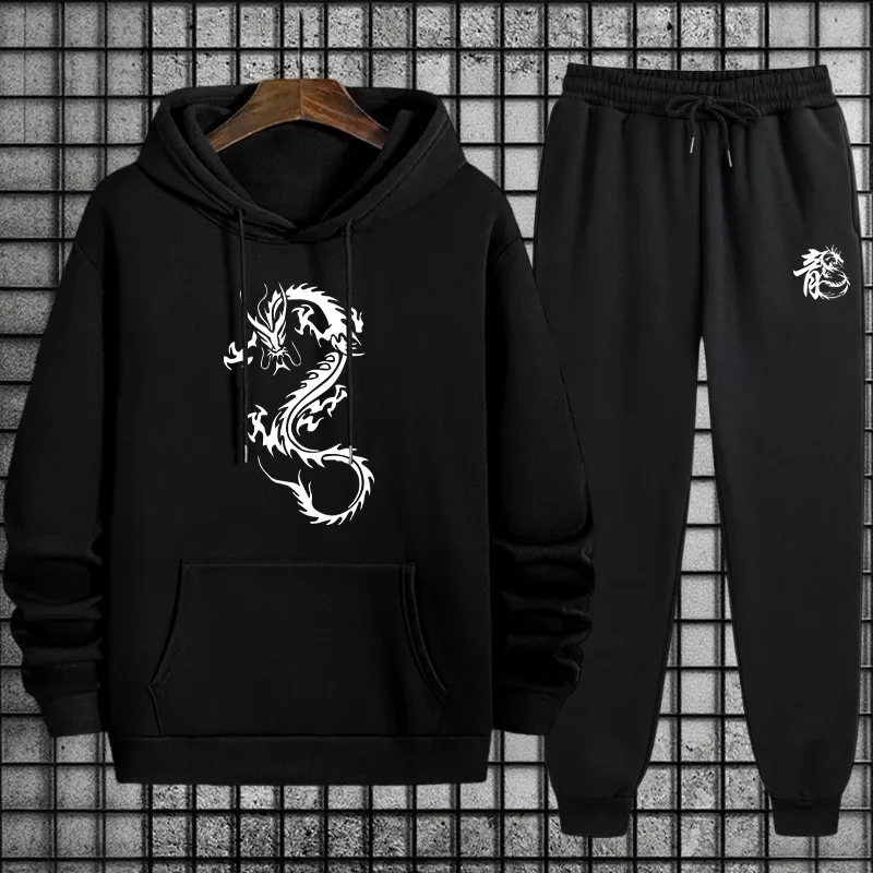 طقم بدلة رياضية رجالية من التنين الصيني بقلنسوة مريح وخصر مطاطي للركض لملابس المنزل في الخريف والشتاء ملابس دافئة غير رسمية #3